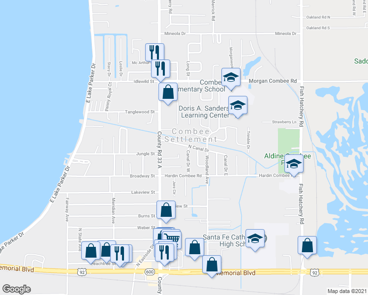map of restaurants, bars, coffee shops, grocery stores, and more near 2649 Canal Drive North in Lakeland