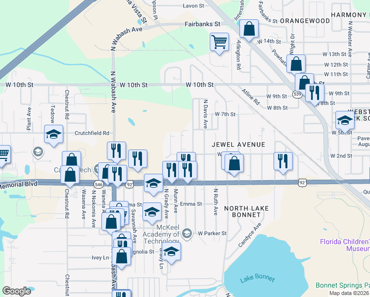 map of restaurants, bars, coffee shops, grocery stores, and more near 1109 North Swindell Avenue in Lakeland