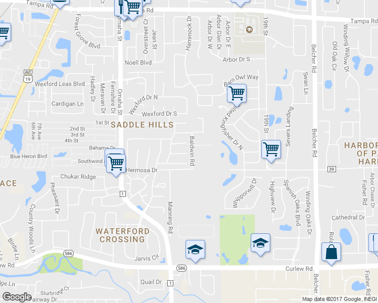 map of restaurants, bars, coffee shops, grocery stores, and more near 1585 Colony Court in Palm Harbor