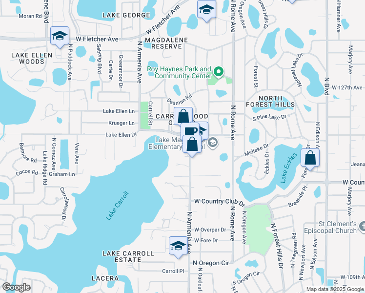 map of restaurants, bars, coffee shops, grocery stores, and more near 12005 Waterside Court in Tampa
