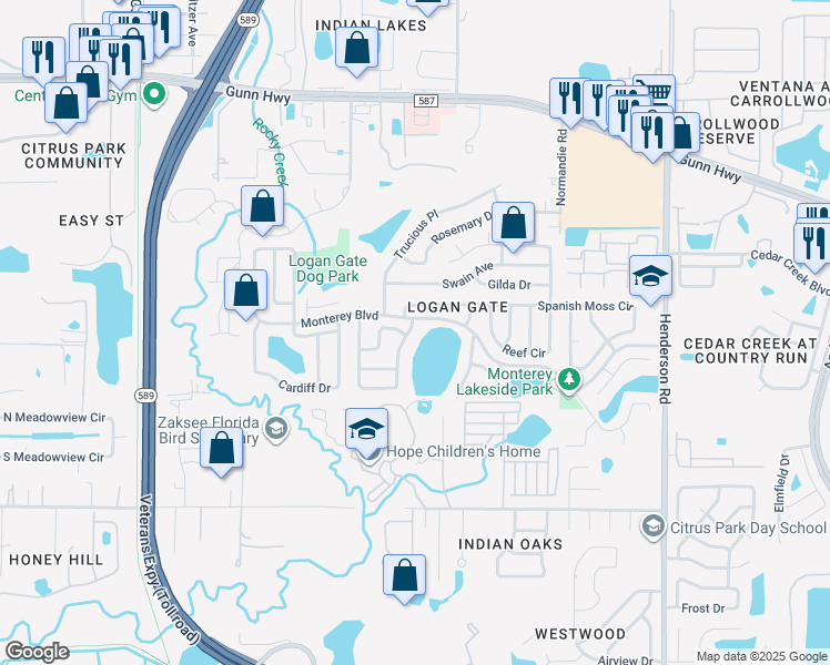 map of restaurants, bars, coffee shops, grocery stores, and more near 12530 Mondragon Drive in Tampa