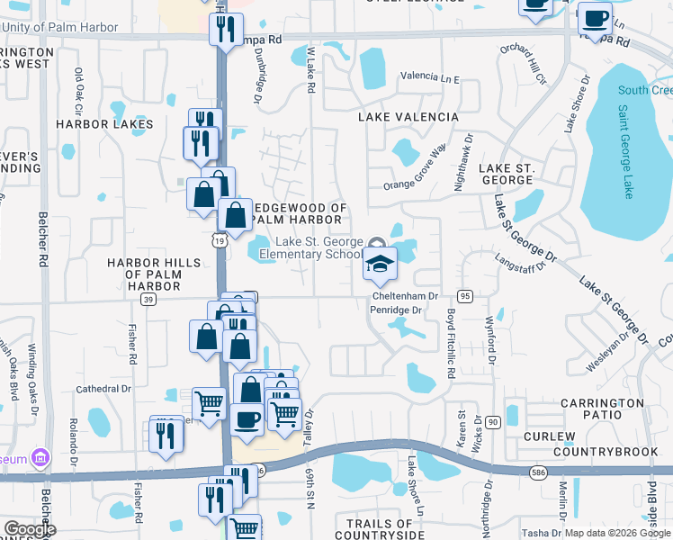 map of restaurants, bars, coffee shops, grocery stores, and more near 2756 Braham Court in Palm Harbor