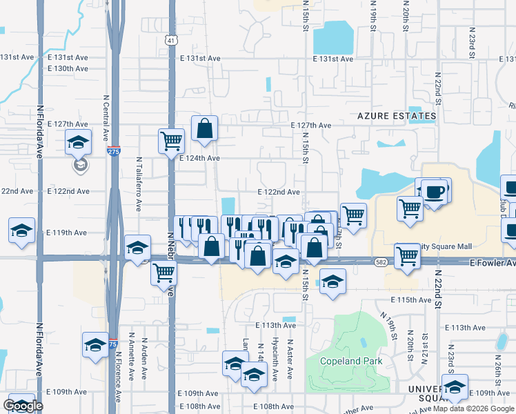 map of restaurants, bars, coffee shops, grocery stores, and more near 11733 North 12th Street in Tampa