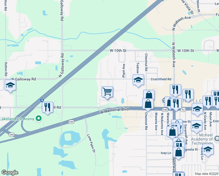 map of restaurants, bars, coffee shops, grocery stores, and more near 1119 Melville Avenue in Lakeland
