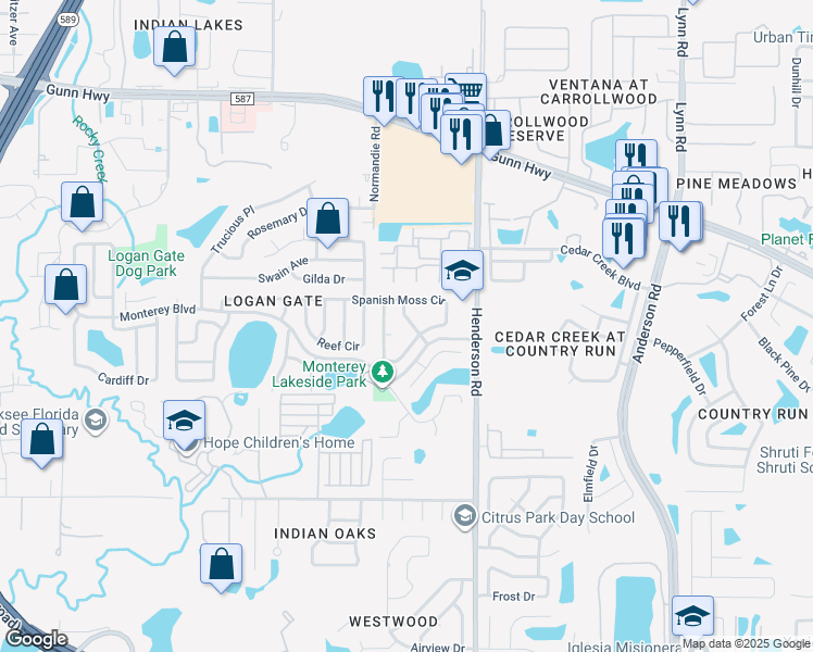 map of restaurants, bars, coffee shops, grocery stores, and more near 12506 Citrus Valley Drive in Tampa