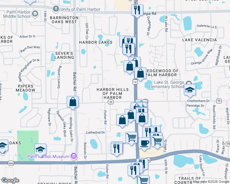 map of restaurants, bars, coffee shops, grocery stores, and more near 754 Wildflower Drive in Palm Harbor