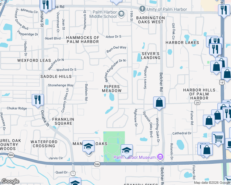 map of restaurants, bars, coffee shops, grocery stores, and more near 750 Belted Kingfisher Drive South in Palm Harbor