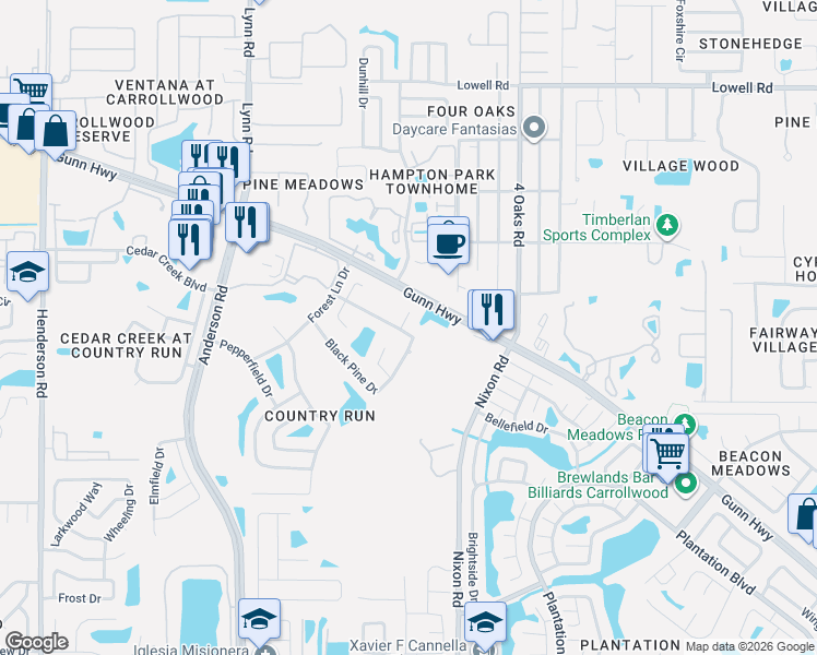 map of restaurants, bars, coffee shops, grocery stores, and more near 12601 Wood Ibis Way in Tampa