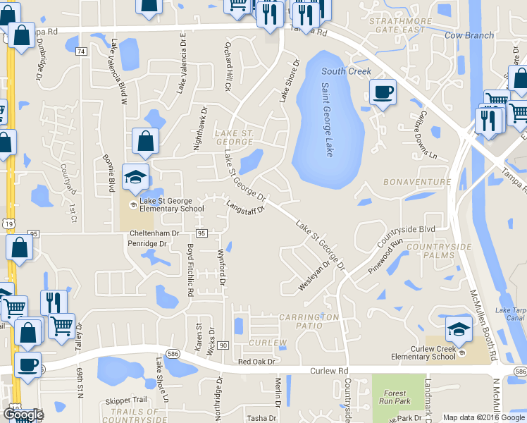 map of restaurants, bars, coffee shops, grocery stores, and more near 2748 Langstaff Drive in Palm Harbor