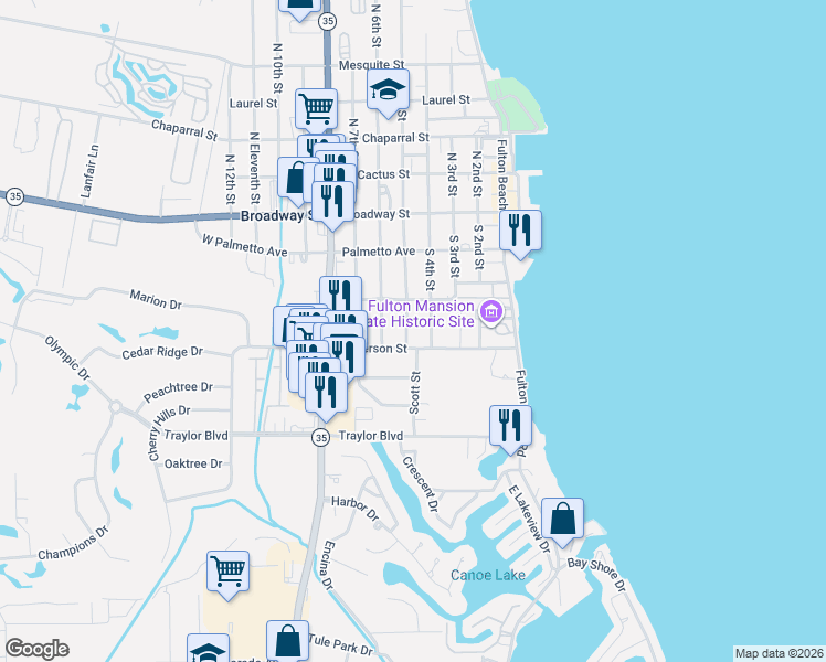 map of restaurants, bars, coffee shops, grocery stores, and more near 310 South 5th Street in Rockport