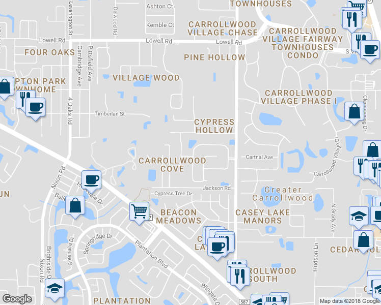 map of restaurants, bars, coffee shops, grocery stores, and more near 4601 Laver Court in Tampa