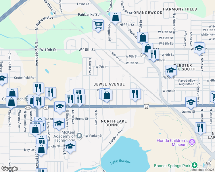 map of restaurants, bars, coffee shops, grocery stores, and more near 1110 Jewel Avenue in Lakeland