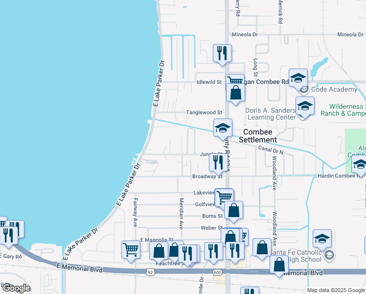 map of restaurants, bars, coffee shops, grocery stores, and more near 1109 Jungle Court in Lakeland