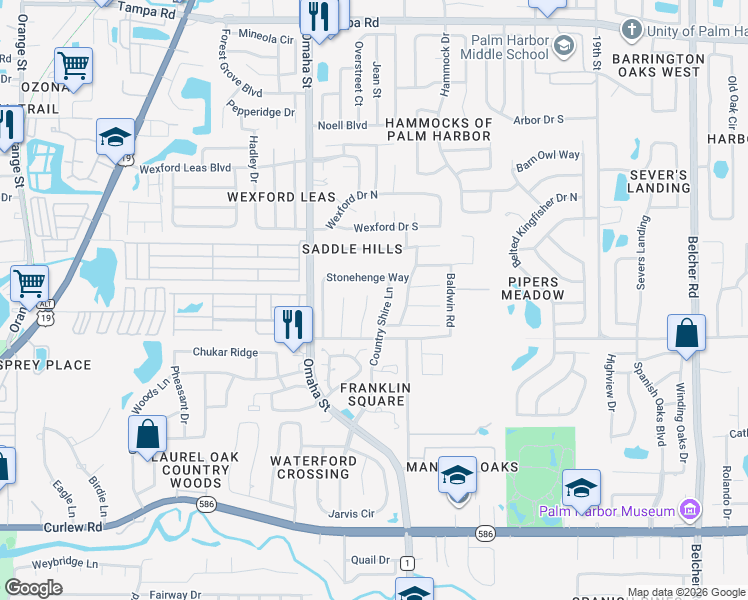 map of restaurants, bars, coffee shops, grocery stores, and more near 723 Moorland Lane in Palm Harbor