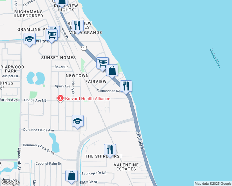 map of restaurants, bars, coffee shops, grocery stores, and more near 3352 Dixie Highway Northeast in Palm Bay