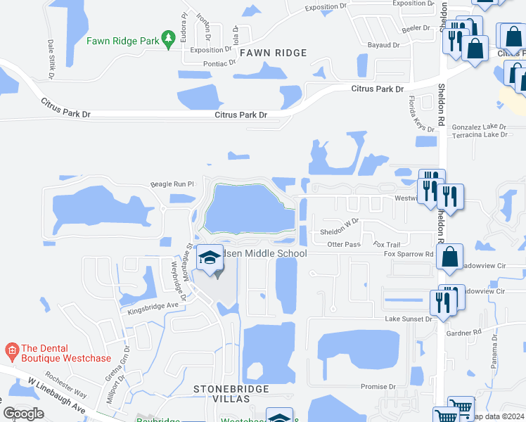 map of restaurants, bars, coffee shops, grocery stores, and more near 9534 Lake Chase Island Way in Tampa