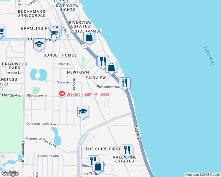 map of restaurants, bars, coffee shops, grocery stores, and more near 3352 Dixie Highway Northeast in Palm Bay