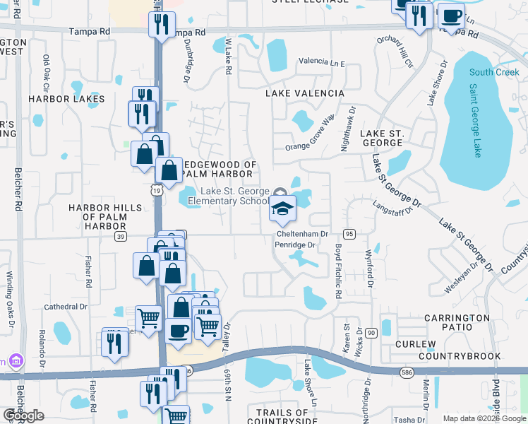 map of restaurants, bars, coffee shops, grocery stores, and more near 751 Bonnie Blvd in Palm Harbor