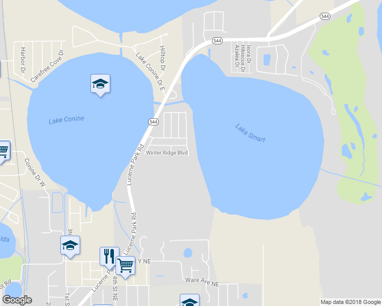 map of restaurants, bars, coffee shops, grocery stores, and more near 309 Winter Ridge Boulevard in Winter Haven