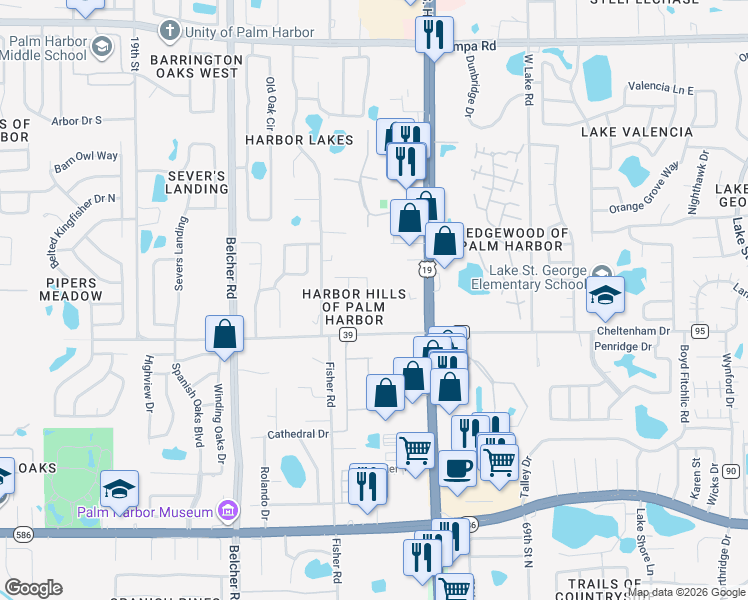 map of restaurants, bars, coffee shops, grocery stores, and more near 754 Wildflower Drive in Palm Harbor