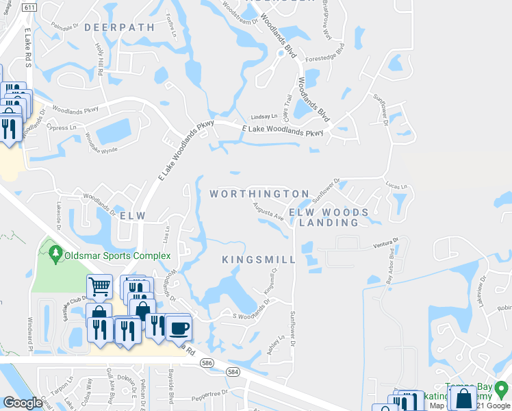map of restaurants, bars, coffee shops, grocery stores, and more near 4874 Augusta Avenue in Oldsmar