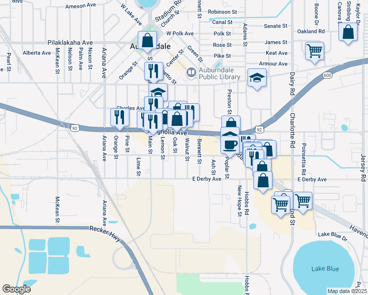 map of restaurants, bars, coffee shops, grocery stores, and more near 514 Walnut Street in Auburndale