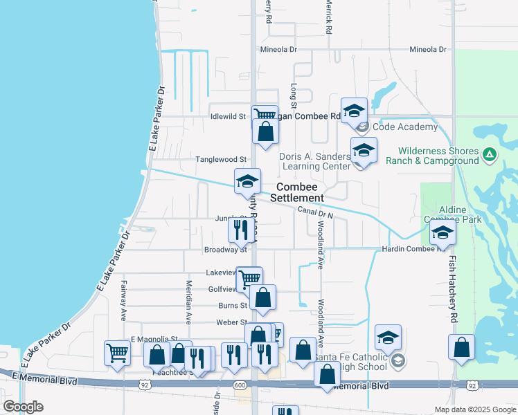 map of restaurants, bars, coffee shops, grocery stores, and more near 1123 North Combee Road in Lakeland
