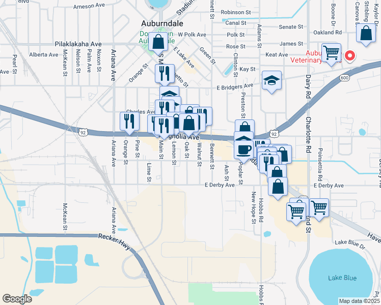 map of restaurants, bars, coffee shops, grocery stores, and more near 515 Oak Street in Auburndale