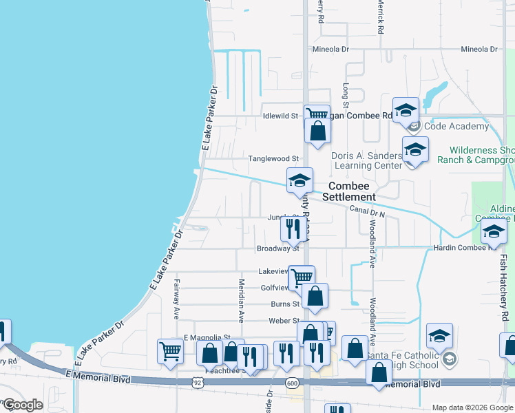 map of restaurants, bars, coffee shops, grocery stores, and more near 1110 Lakewood Circle East in Lakeland