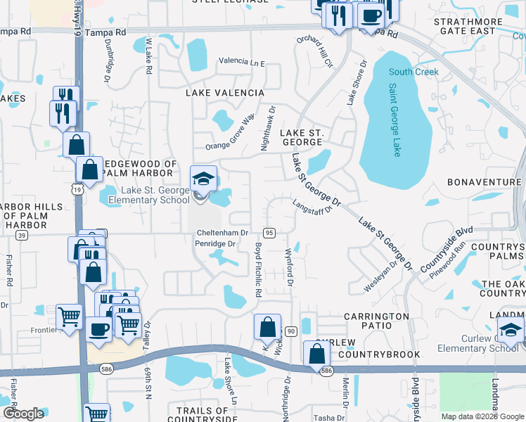 map of restaurants, bars, coffee shops, grocery stores, and more near 2656 Finch Court in Palm Harbor