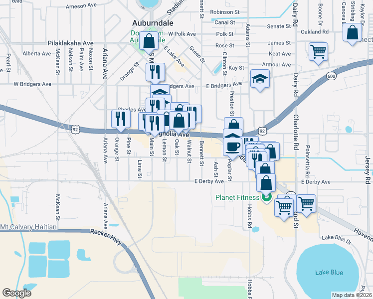 map of restaurants, bars, coffee shops, grocery stores, and more near 514 Walnut Street in Auburndale