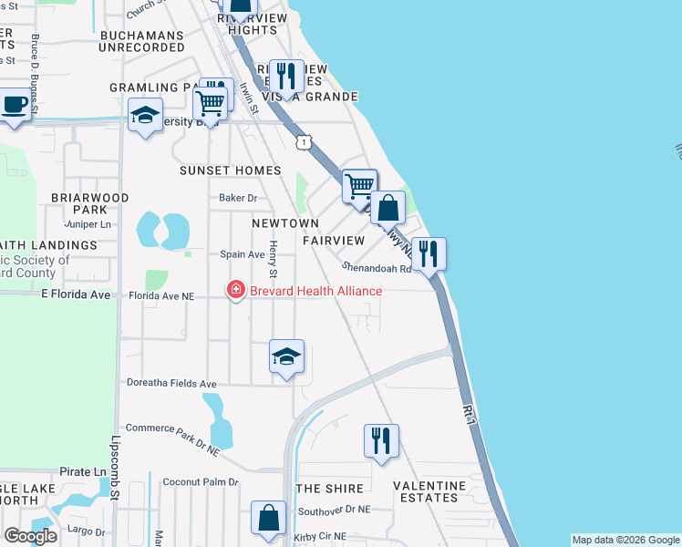 map of restaurants, bars, coffee shops, grocery stores, and more near 2344 Shenandoah Road in Palm Bay