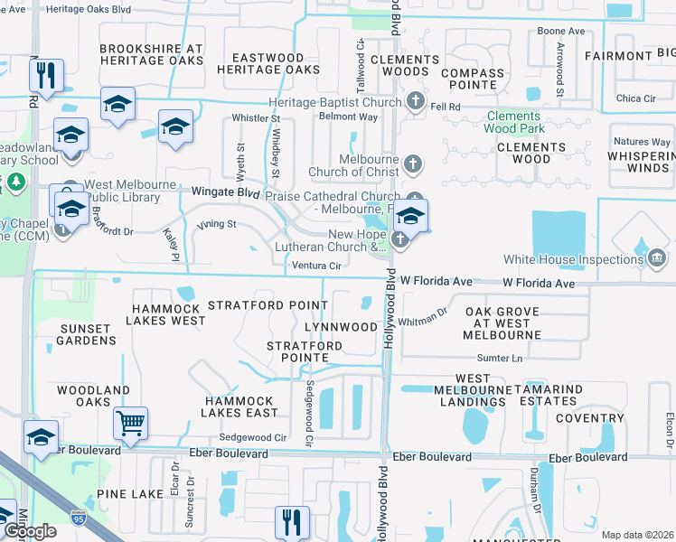 map of restaurants, bars, coffee shops, grocery stores, and more near 2558 Ventura Circle in Melbourne