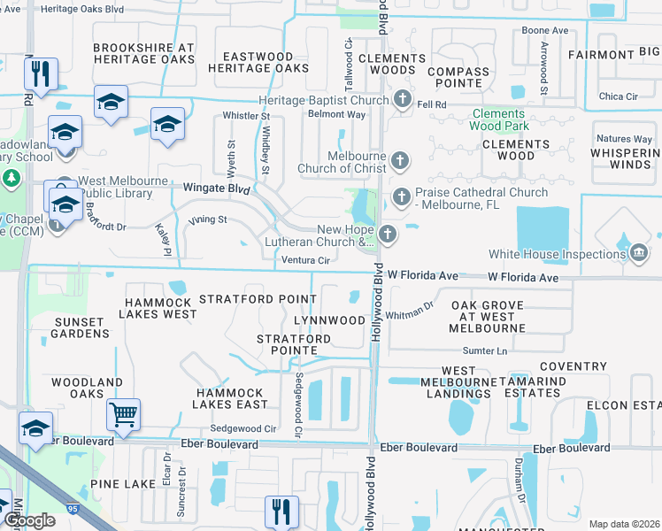 map of restaurants, bars, coffee shops, grocery stores, and more near 2556 Ventura Circle in Melbourne