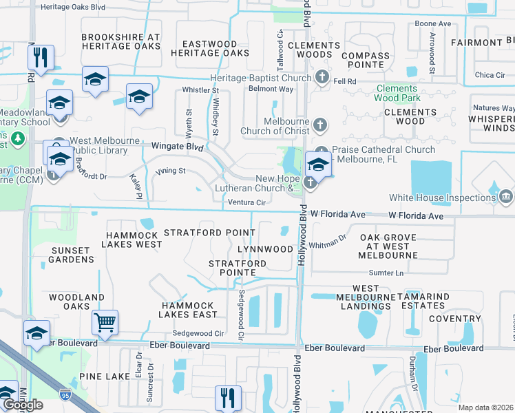 map of restaurants, bars, coffee shops, grocery stores, and more near 2562 Ventura Circle in Melbourne