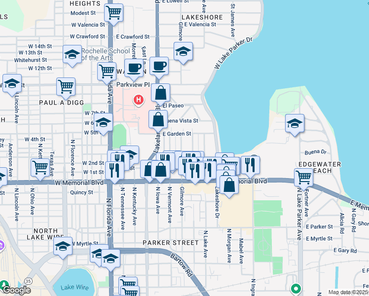 map of restaurants, bars, coffee shops, grocery stores, and more near 1117 Gilmore Avenue in Lakeland