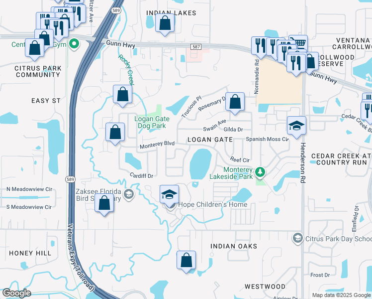 map of restaurants, bars, coffee shops, grocery stores, and more near 12530 Mondragon Drive in Tampa