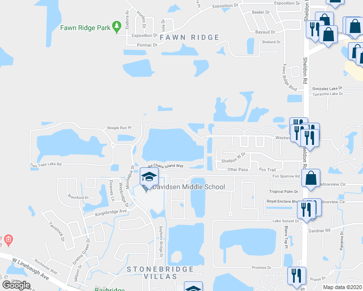 map of restaurants, bars, coffee shops, grocery stores, and more near 9344 Lake Chase Island Way in Tampa