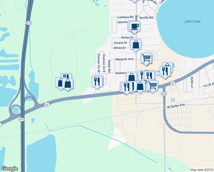 map of restaurants, bars, coffee shops, grocery stores, and more near 201 Valencia Drive in Auburndale