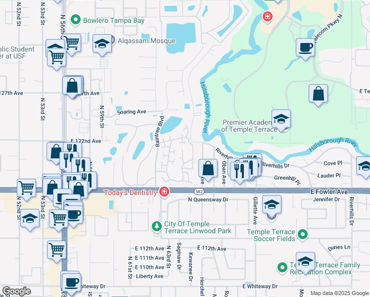 map of restaurants, bars, coffee shops, grocery stores, and more near 11861 Wildeflower Place in Tampa