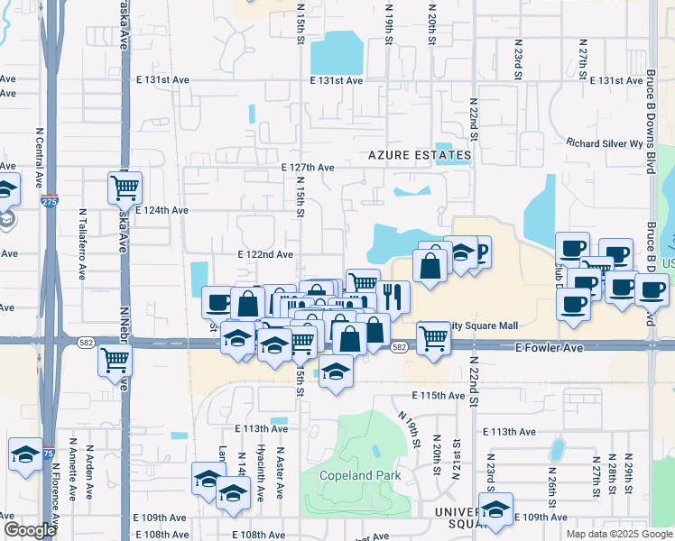 map of restaurants, bars, coffee shops, grocery stores, and more near 11724 North Elmer Street in Tampa