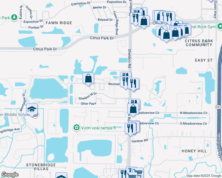 map of restaurants, bars, coffee shops, grocery stores, and more near 11915 Congressional Drive in Tampa