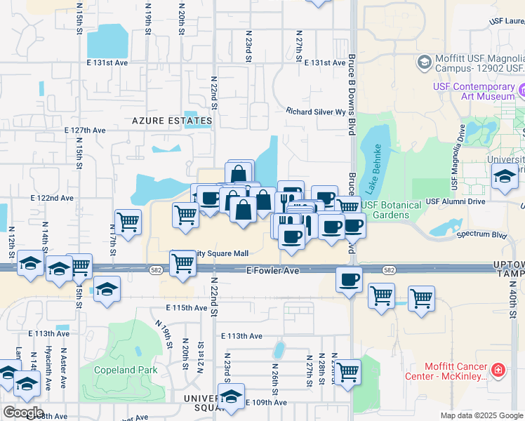 map of restaurants, bars, coffee shops, grocery stores, and more near 12202 Club Drive in Tampa