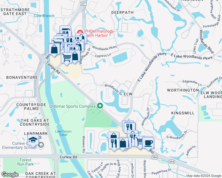 map of restaurants, bars, coffee shops, grocery stores, and more near 7 Lakeview Way in Oldsmar