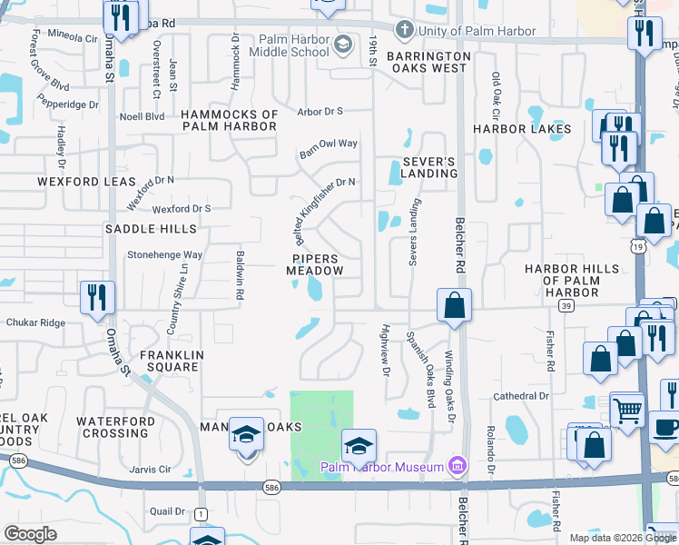 map of restaurants, bars, coffee shops, grocery stores, and more near 1819 Tree Swallow Way in Palm Harbor