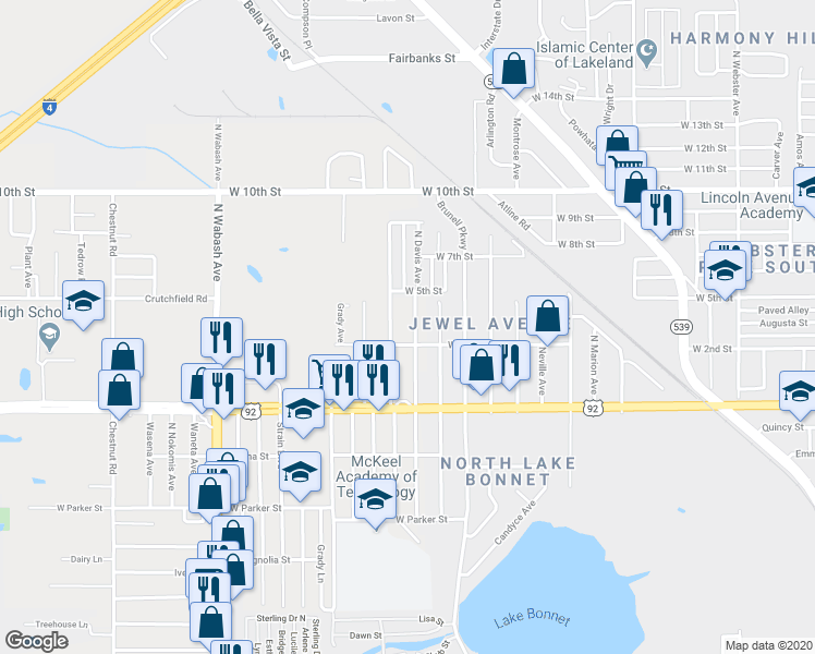 map of restaurants, bars, coffee shops, grocery stores, and more near 1118 North Davis Avenue in Lakeland