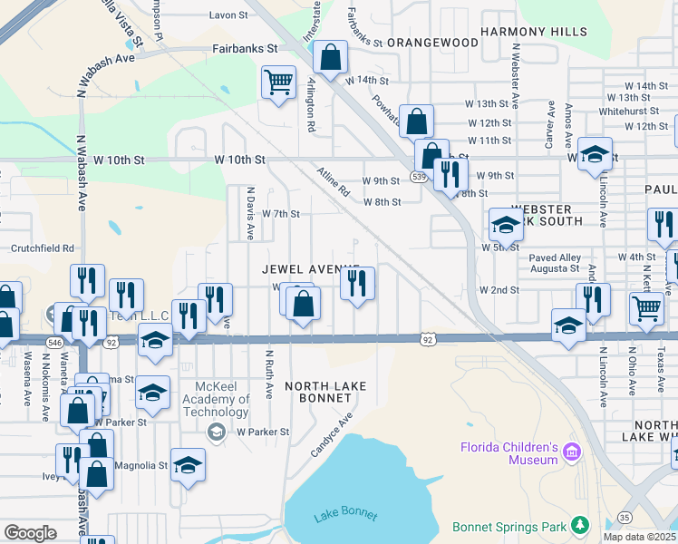 map of restaurants, bars, coffee shops, grocery stores, and more near 1113 Roselle Avenue in Lakeland