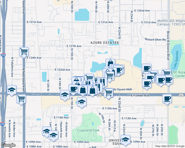 map of restaurants, bars, coffee shops, grocery stores, and more near 11757 North Elmer Street in Tampa