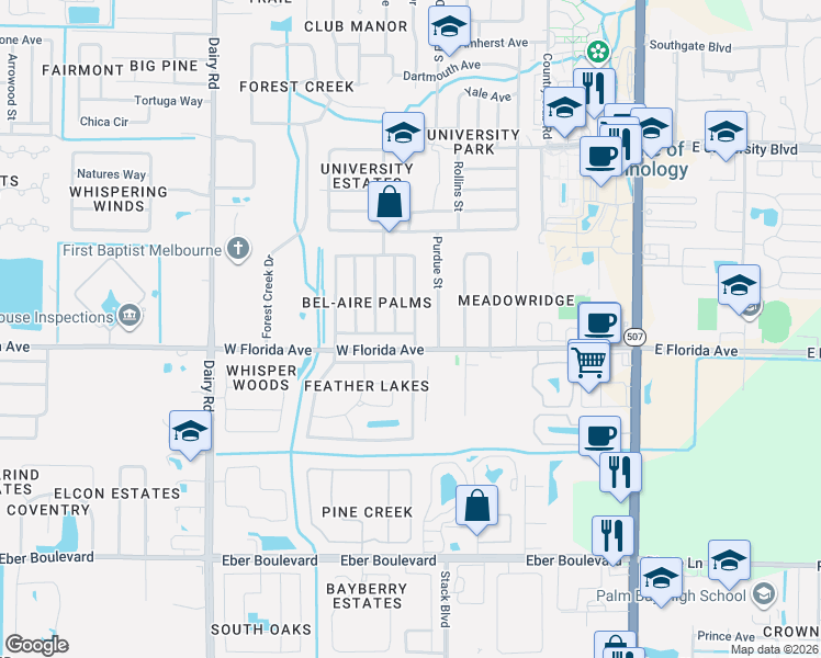 map of restaurants, bars, coffee shops, grocery stores, and more near 3488 Areca Palm Avenue in Melbourne