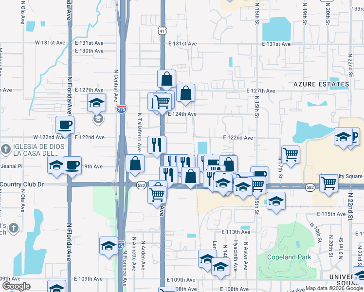 map of restaurants, bars, coffee shops, grocery stores, and more near 921 East 121st Avenue in Tampa